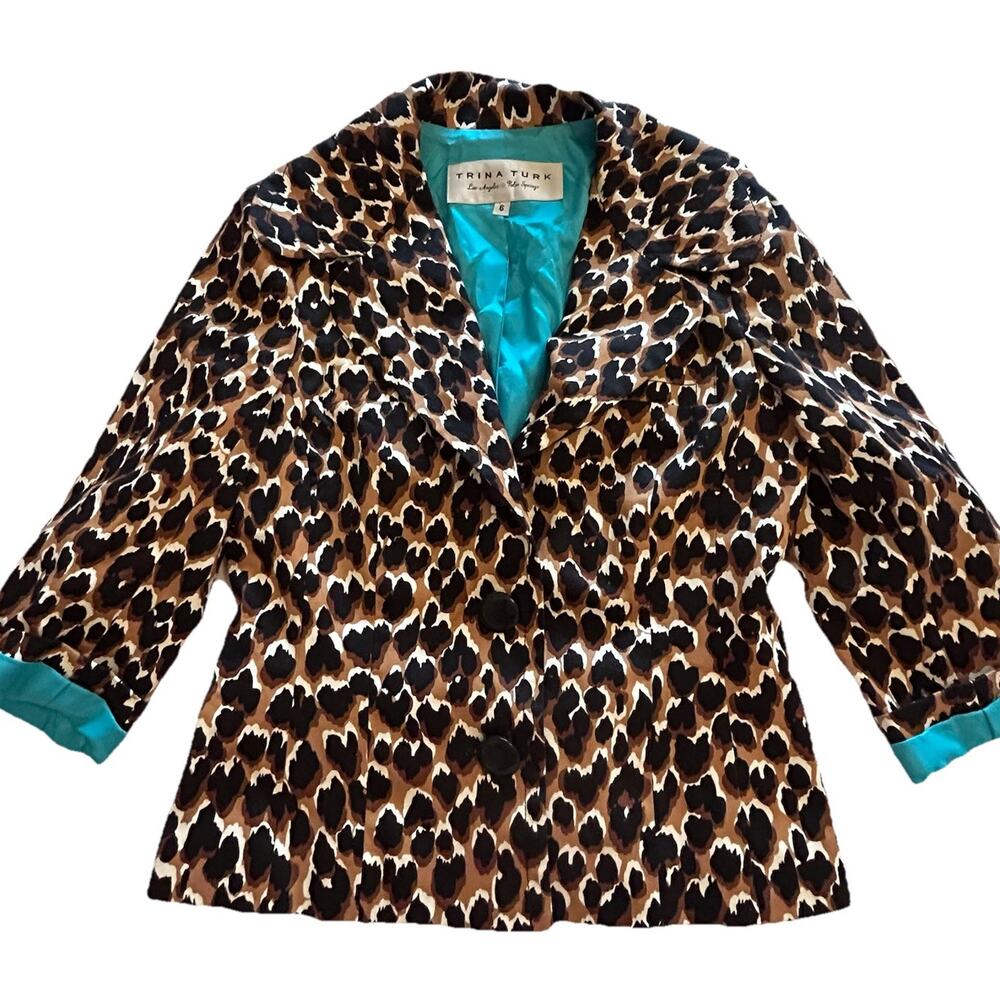 Trina Turk Animal‎ Print Lined Fitted Short Blazer Size 6 Spread Collar Cotton